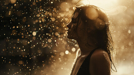 Conceptual photo of a beautiful lady in the rain of dust 