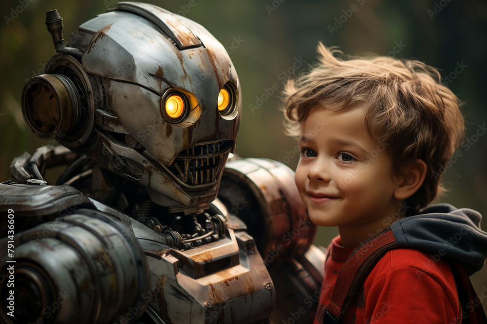 Poster generative ai picture photo of little child playing with artificial intelligence robot friend