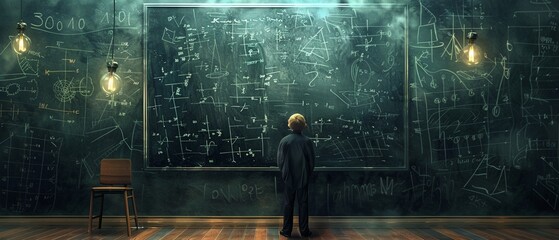 Dive into the world of mathematics with a 2D illustration of a mathematician solving complex equations on a chalkboard - obrazy, fototapety, plakaty