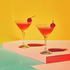 colourful cocktails on the bright yellow background. - obrazy, fototapety, plakaty