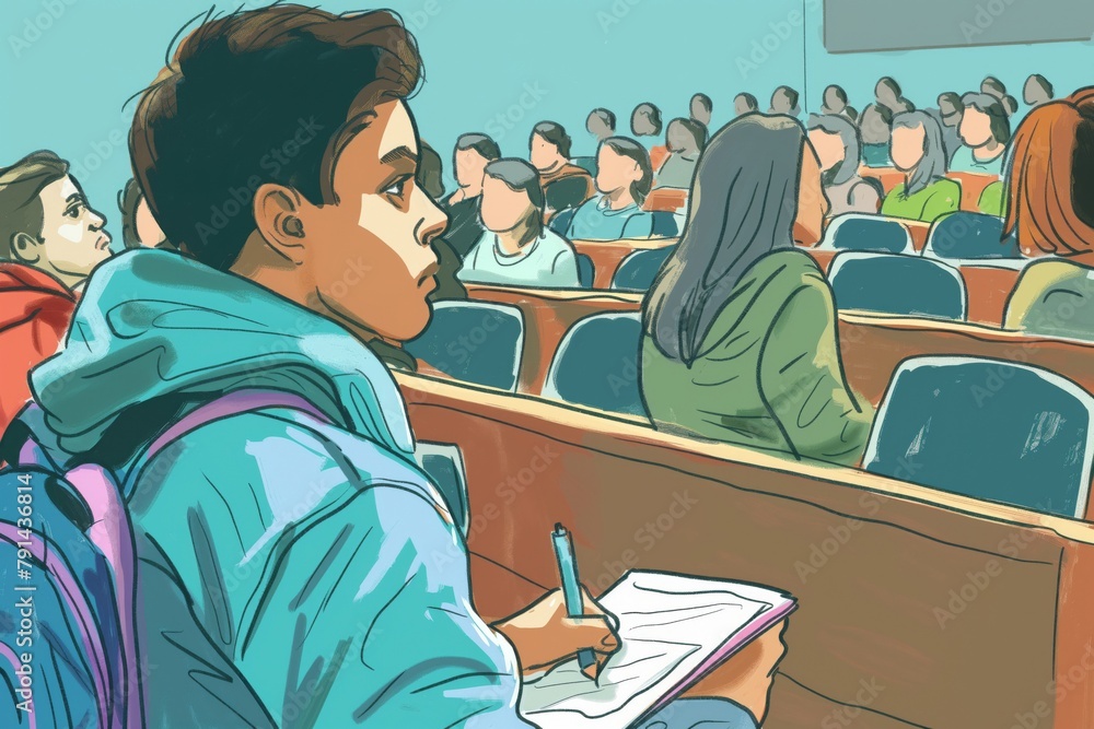 Poster Illustration of a focused student taking notes during a university lecture