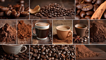 Collage of aromatic coffee beverage with roasted beans and powder