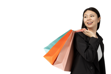 PNG Asian girl with shopping bags isolated on white background.