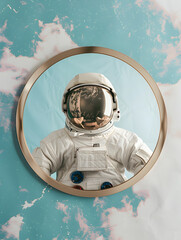 the reflection of an astronaut in a spacesuit in a round mirror on a blue background with clouds