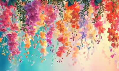 Elegant colorful with vibrant  flower hanging branches illustration background. Bright color 3d abstraction wallpaper for interior mural, Generative AI