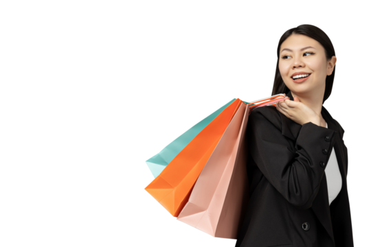 PNG Asian girl with shopping bags isolated on white background.