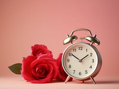 alarm clock on rose background Minimalistic flat lay,with copy space for photo text or product, blank empty copyspace banner about time management and selfamplement concept.