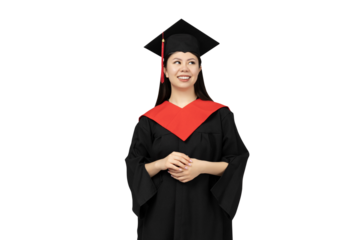 PNG Asian girl in university graduate uniform isolated on white background.