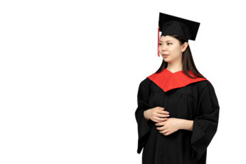 PNG Asian girl in university graduate uniform isolated on white background.