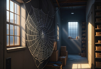 Spider web in storage room - obrazy, fototapety, plakaty