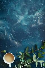 on green space background with green leaves and cup of coffee,  blank card with copy space, universe