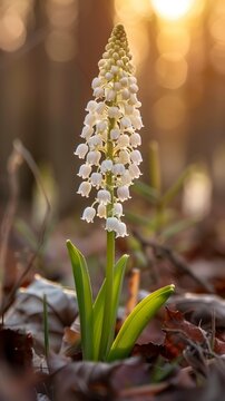 wild lily-of-the-valley blooms in forest clearing bathed in golden morning light with soft bokeh background