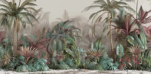 Tropical trees and leaves - 3d wallpaper - wallpaper mural- 3D illustration, Generative AI