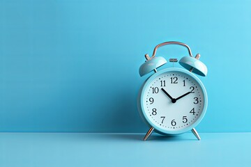 alarm clock on sky blue background Minimalistic flat lay,with copy space for photo text or product, blank empty copyspace banner about time management and selfamplement concept. 