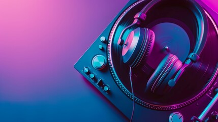 Copy Space Headphone and turntable purple and blue color background