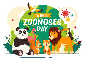Obraz na płótnie Canvas World Zoonoses Day Vector Illustration on 6 July with Various Animals and Plant which is in the Forest to Protect in Flat Cartoon Background Design