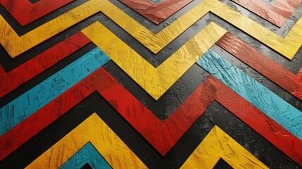 A bold and dynamic chevron pattern radiating energy and movement, with zigzagging lines and vibrant colors weaving together to create a sense of excitement and vitality that invigorates the space,  - obrazy, fototapety, plakaty