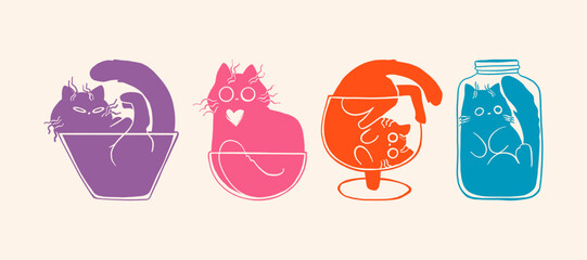 Set of silhouette cats in various glass forms and colors. Vector illustration. - 791437475