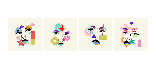 Set of various abstract portraits of girls with geometric multi-colored figures. Vector illustration. - 791437490