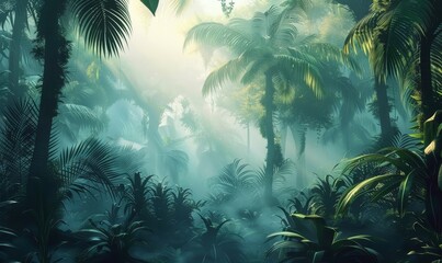 tropical trees and leaves wallpaper design in foggy forest - 3D illustration, Generative AI