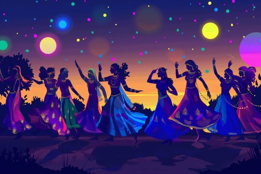 Illustration showcasing the dynamic and colorful garba dance during the festive nights of Navratri