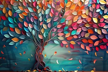 Colorful tree with vibrant leaves hanging branches illustration background 3d abstraction wallpaper for interior mural painting wall art decor generative, Generative AI