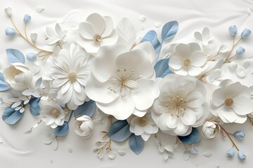 3d mural illustration flowers white background , wallpaper, Generative AI