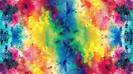 Abstract Tie Dye Pattern with Ethnic and Floral Elements Psychedelic Rainbow Boho Design in Multicolor Watercolor