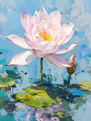 Lotus in water impressionism background texture painting. Oil paints, expressive strokes. 