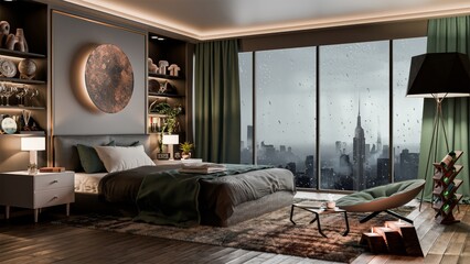 Bedroom in building with hardwood floor, sliding glass doors, and city view