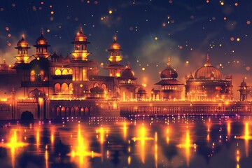 Digital art of an ornate historical palace at dusk with beautiful lighting and reflections - obrazy, fototapety, plakaty