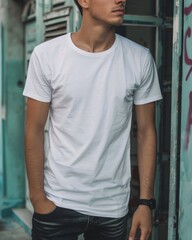 Fototapeta premium Young Adult man model in Blank white T-Shirt for design mockup