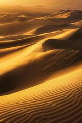 Fototapeta na wymiar The undulating curves of desert sand dunes at dusk, with soft golden light casting long shadows