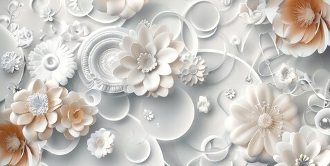 3d rendering mural wallpaper abstract with flowers ornament and white circles decoration . visually expand the space in a small room, bring more light, Generative AI