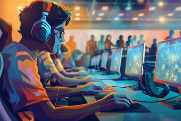 Vibrant illustration of gamers focused and competing in an exciting esports tournament