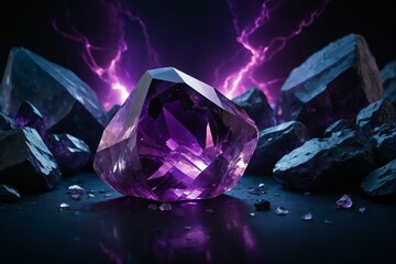An alluring large purple gemstone illuminated by dramatic lightning, creating a mysterious atmosphere amongst the stones