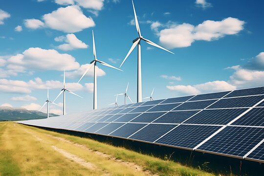 solar energy panels and wind turbines in the field, renewable energy concept