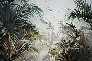 Tropical trees and leaves, 3d wallpaper, wallpaper mural, 3D illustration, Generative AI