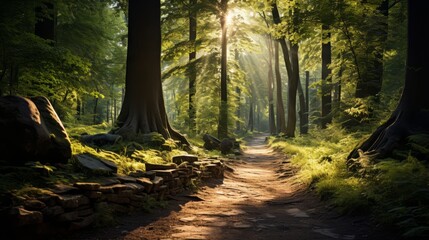 Fototapeta premium Front view of a vibrant forest path, with sunlight filtering through dense foliage, highlighting the beauty of natural ecosystems