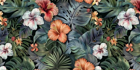 Tropical seamless pattern with exotic leaves, strelitzia flowers, hibiscus and plumeria. Vintage texture, floral background. Dark watercolor 3d illustration. For luxury wallpapers, Generative AI