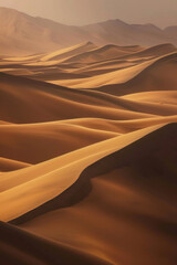 The undulating curves of desert sand dunes at dusk, with soft golden light casting long shadows