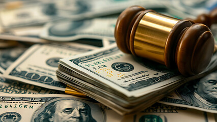 Judge's gavel and dollar bills. Concept of Corruption, Bankruptcy Court, crime, Bribery, Fraud. - obrazy, fototapety, plakaty