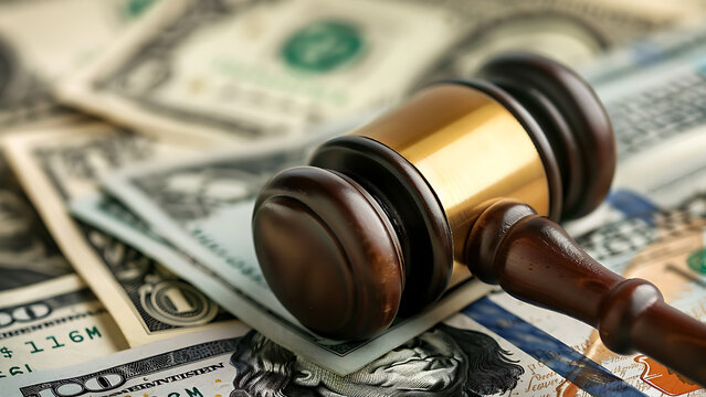 Judge's gavel and dollar bills. Concept of Corruption, Bankruptcy Court, crime, Bribery, Fraud.
