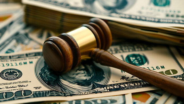 Judge's gavel and dollar bills. Concept of Corruption, Bankruptcy Court, crime, Bribery, Fraud.