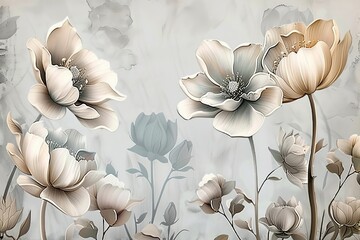 3d mural wallpaper with simple floral painting light gray background. Generative AI