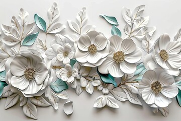3d mural illustration flowers white background , wallpaper, Generative AI