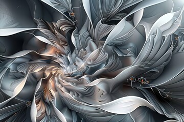 3d mural wallpaper decoration Abstract fractal fantastic flower silk gray backgroud . will visually expand the space in a small room, Generative AI