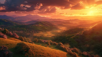 A breathtaking vista of rolling hills and verdant valleys, bathed in the soft glow of a setting sun, with vibrant hues of orange and pink painting the sky, - obrazy, fototapety, plakaty