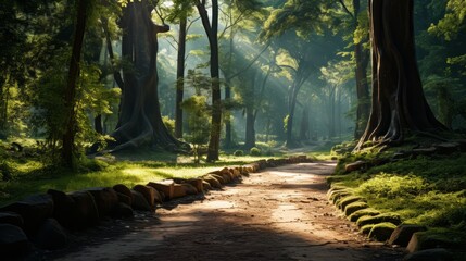 Front view of a vibrant forest path, with sunlight filtering through dense foliage, highlighting the beauty of natural ecosystems