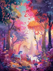 Step into a world of fantasy with a whimsical 2D illustration of fairies and unicorns frolicking in a enchanted forest